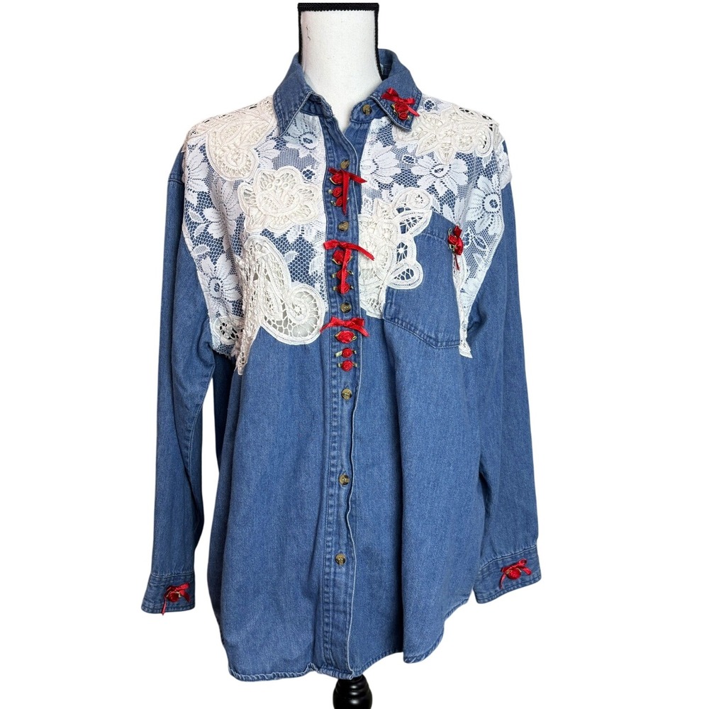 PTNY Denim Shirt Lace Applique Rose Accents‎ Western Blouse Size Large 90s
